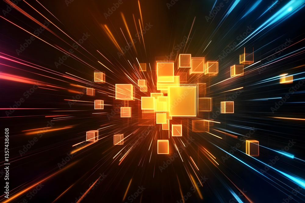Poster dynamic abstract background featuring glowing blocks and light streaks, symbolizing speed and innova