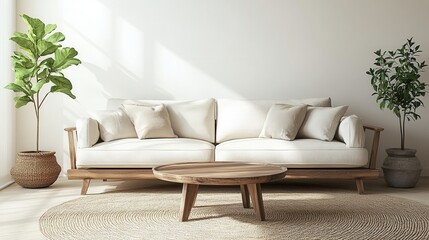 Serene Living Room Interior with Minimalist Sofa Round Coffee Table and Plants in Natural Light Setting