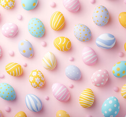 top view of colorful easter eggs pattern; pink background