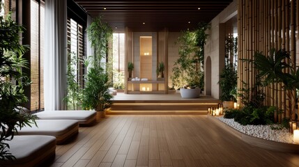 Elegant Bathroom Interior Featuring Relaxing Tub and Lush Green Plant Life
