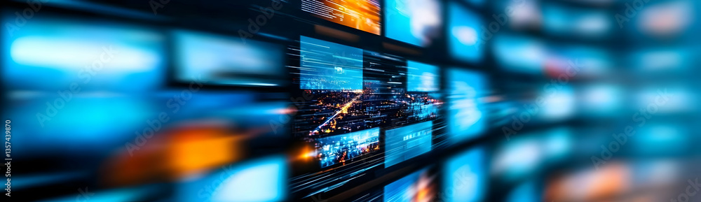 Poster dynamic digital display with vivid screens showcasing diverse content and information in a modern en