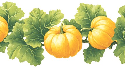Obraz premium Seamless pattern of yellow pumpkins and green leaves.