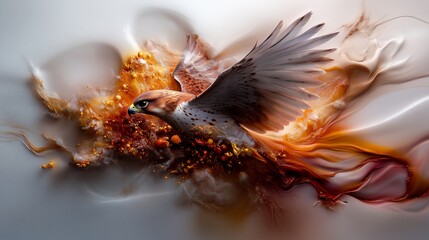 Majestic falcon soaring through abstract clouds of color and texture