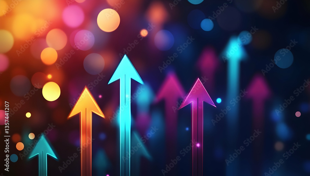 Poster dynamic upward arrows symbolize growth and progress against a vibrant bokeh background, ideal for bu