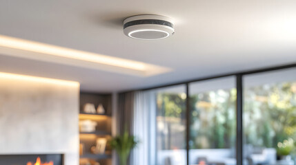 Smart Smoke Detector: A modern smoke detector, elegantly mounted on a clean ceiling, offers an assurance of safety within a stylish home environment. Showcasing innovation.