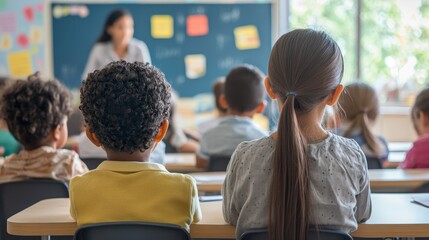 Fototapeta premium Inclusive classroom with diverse children at desks, teacher guiding learning from the front