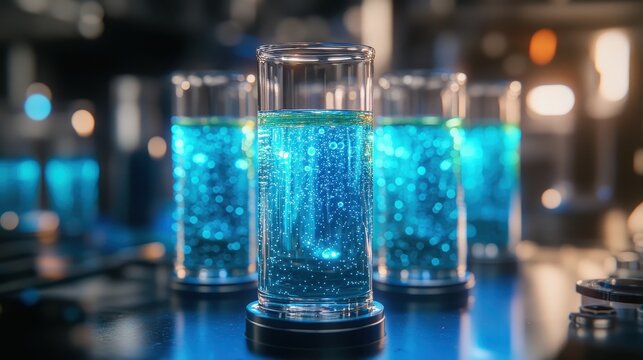 Rows of test tubes filled with gradient luminous solutions glowing faintly in pink and blue hues, emitting faint neon light, copy space, whimsical synthesis environment