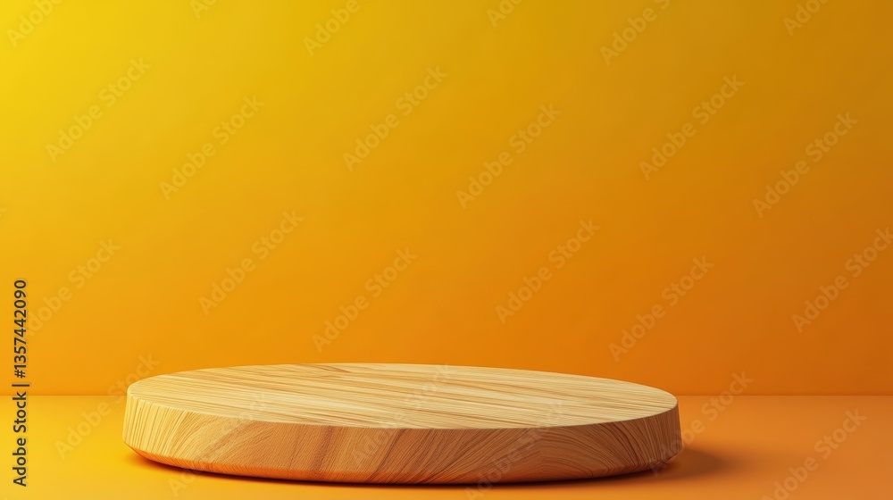 Poster a circular wooden platform atop a vibrant yellow background creating a striking visual contrast idea