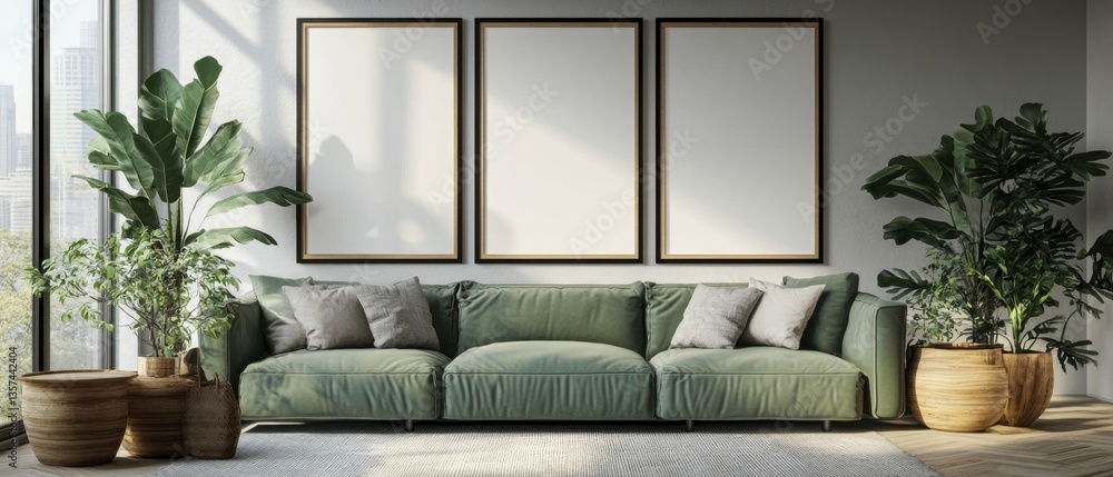 Poster serene interior displaying three framed mockups above a green sofa with lush plants and natural ligh