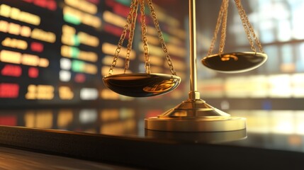 Wooden gavel on black base with golden balance scale for stock market regulation board