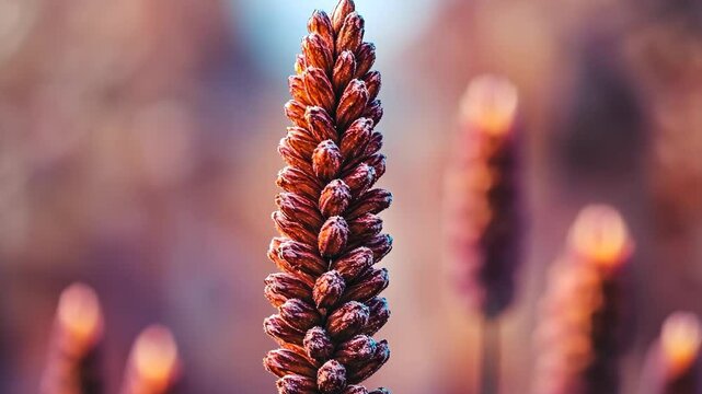 Close-up of a frosted foxtail flower against a blurred backdrop at morning wintertime