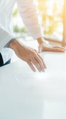 Scientist adjusting hydrogen generator settings with holographic data interface