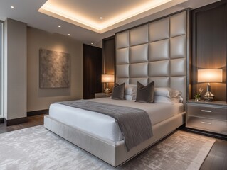 Luxurious bedroom interior design with elegant headboard lighting and modern furniture for restful sleep in a stylish residence