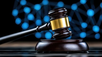Dark Wooden Gavel on Block Over Glowing Blue Digital Network Background Symbolizing Justice and Technology Integration Concept