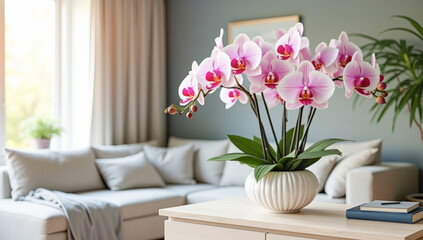 potted orchids on the dresser in the living room
