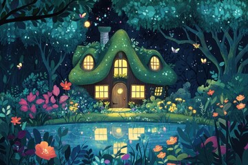 Fototapeta premium A charming cottage nestled in an enchanted and vibrant woodland scene