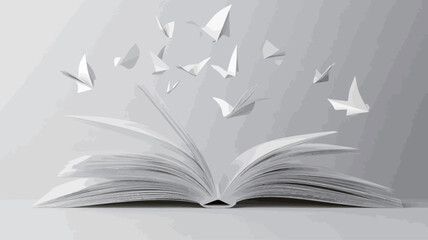The image shows a digitally rendered open book with several small, white paper origami butterflies emanating from its pages. The book and butterflies are rendered in shades of white and light grey
