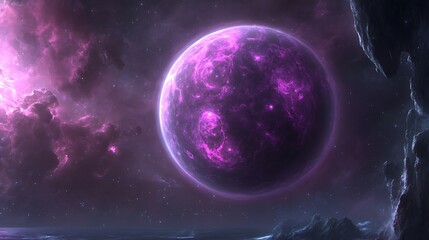 Glowing purple planet in nebula.