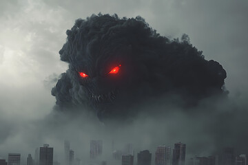 A colossal dark cloud monster looms over a cityscape, casting a shadow of fear and chaos