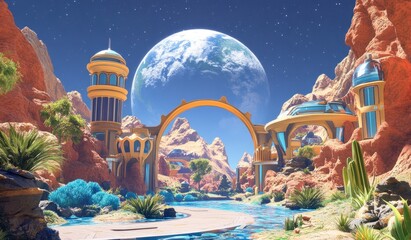 A futuristic city is seen with an enormous planet behind it