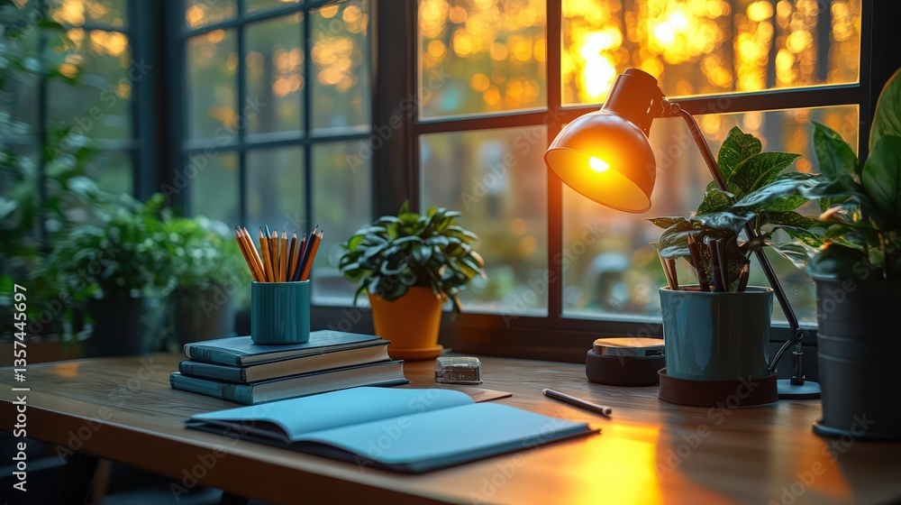 Poster warm and inviting study desk with open book and sunset view through window