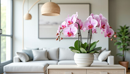 potted orchids on the dresser in the living room
