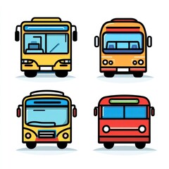 Colorful bus illustrations.  Four different bus designs, front-facing views, in various colors, simple line art style