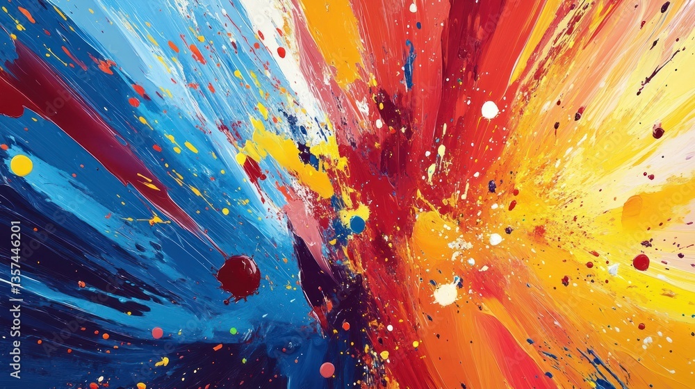 Poster vibrant abstract acrylic paint explosion on canvas capturing energy dynamic composition and artistic