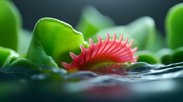 Surreal Red and Green Venus Flytrap in Dark Lagoon