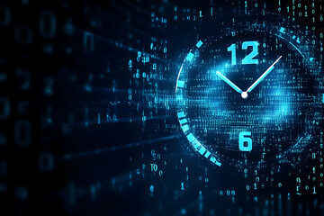 Futuristic clock representation with digital elements, showcasing the intersection of time and technology in a vibrant blue aesthetic.