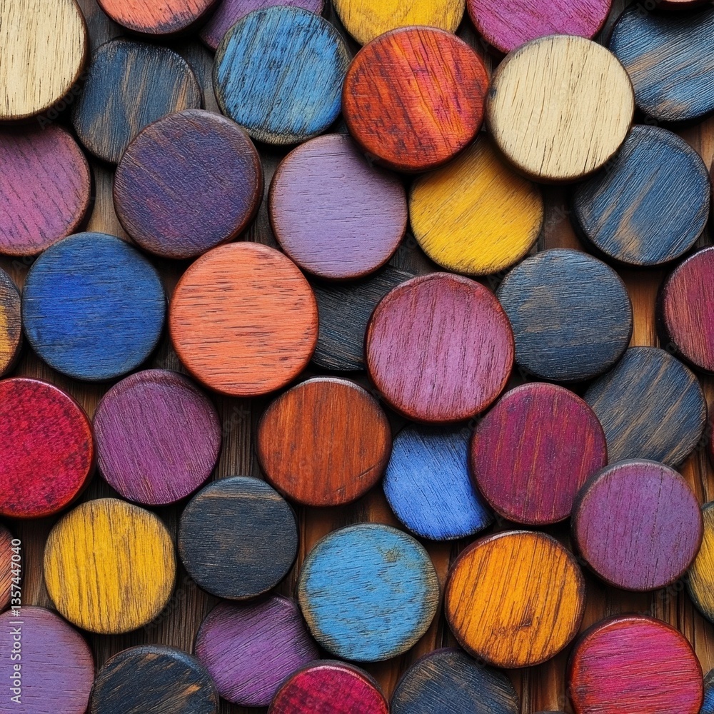 Poster colorful wooden circles arranged in a textured pattern vibrant hues rustic charm artistic display cl