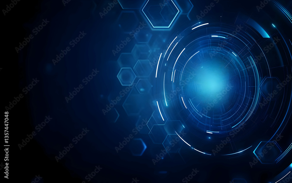 Poster futuristic digital background featuring blue hexagons and glowing circular patterns, ideal for tech-