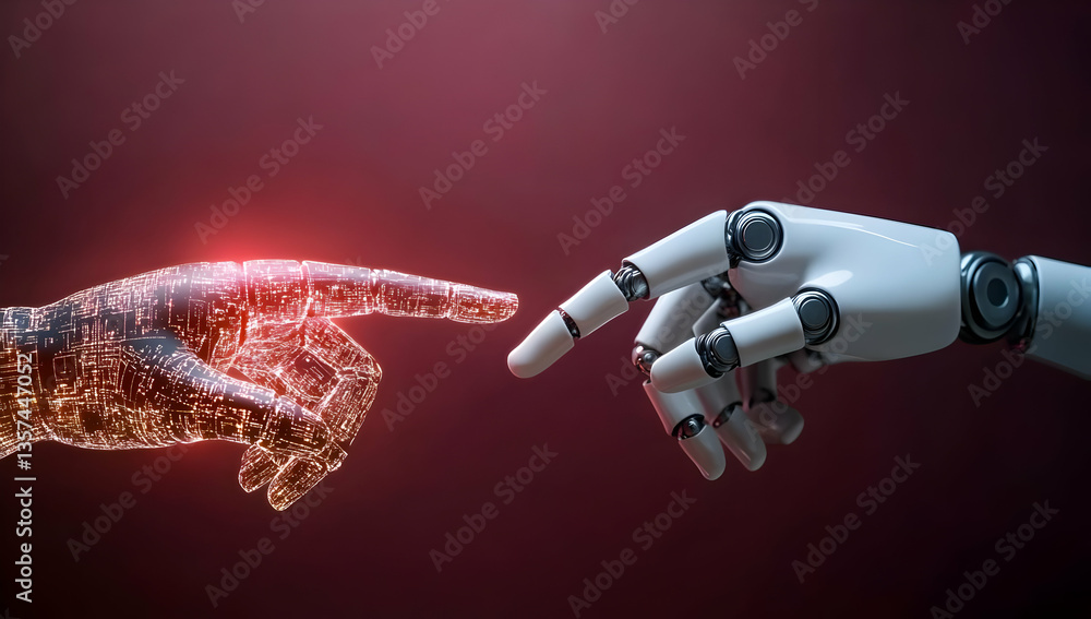 Poster futuristic depiction of a human and robot hand approaching each other, symbolizing connection and co