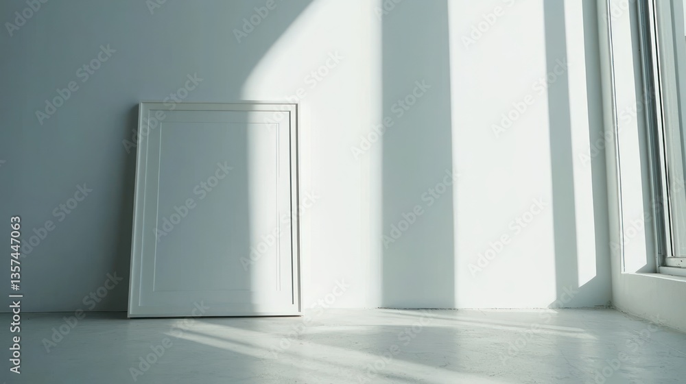 Poster minimalist white frame in a room with sunlight shining in creating shadows modern aesthetic view