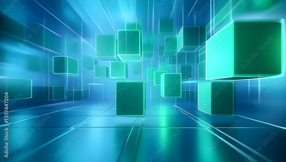 Poster futuristic digital cubes in vibrant hues create an immersive technological environment, symbolizing 
