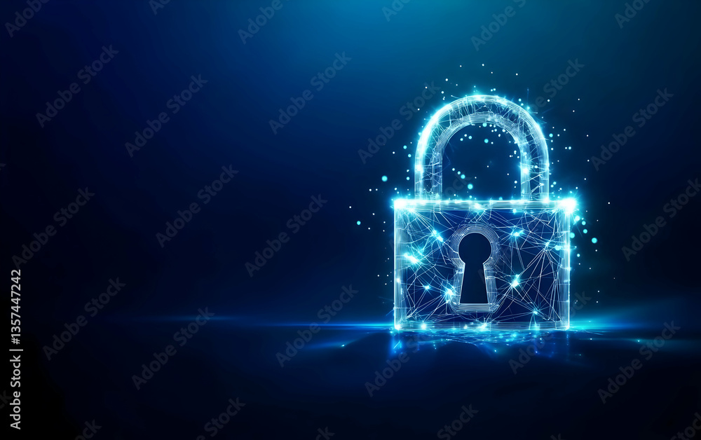 Poster futuristic digital padlock with glowing effects, representing advanced cybersecurity and privacy in 