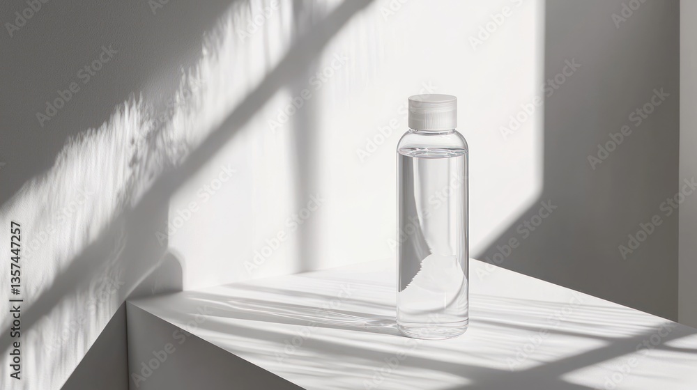 Aufkleber minimalist clear liquid bottle with white background and playful shadow casting for product mockups 