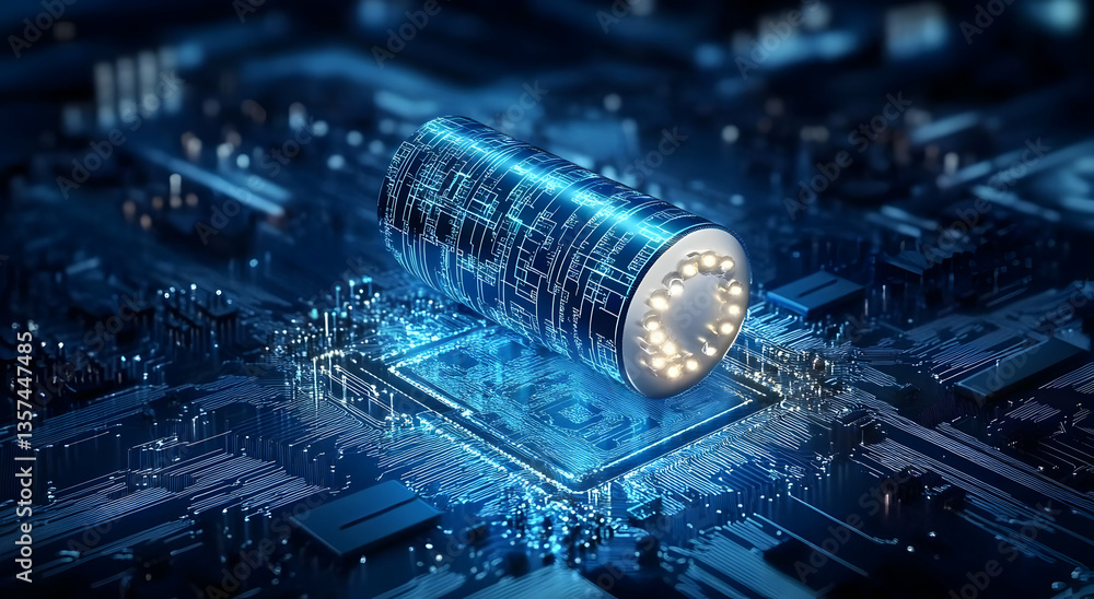 Poster futuristic electronic circuit board displaying a glowing capacitor, symbolizing innovation and advan
