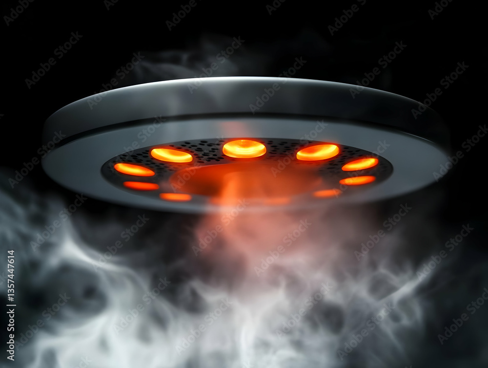 Poster futuristic hovering device emitting steam and glowing lights in a dark environment, evoking a sense 