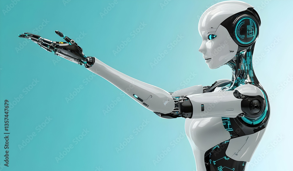 Poster futuristic humanoid robot with sleek design, showcasing advanced technology and sophisticated featur