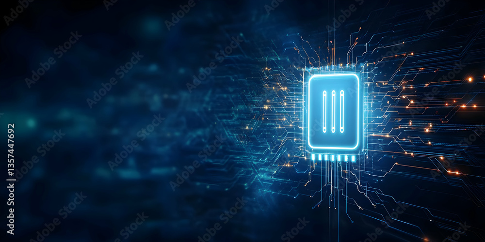 Poster futuristic microchip with circuits glowing, symbolizing advanced technology and innovation in the di