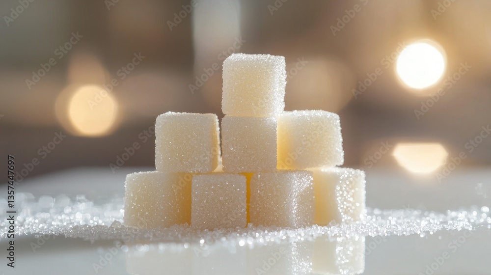 Poster abstract focus on refined sugar cubes with selective focus and luminous bokeh backdrop for health an