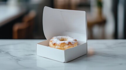 Delicate powdered doughnut in a white pastry box on a marble table captured in bright daylight with gentle focus