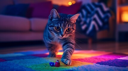 Golden-eyed cat staring at prey toy in a sunlit, serene home
