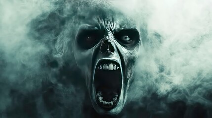 A lone ghostly face screams in terror with eyes wide open and mouth agape surrounded by eerie fog, , foggy scenes