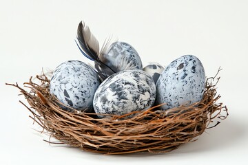 Obraz premium Speckled Easter Eggs in Bird Nest with Feather on White Background