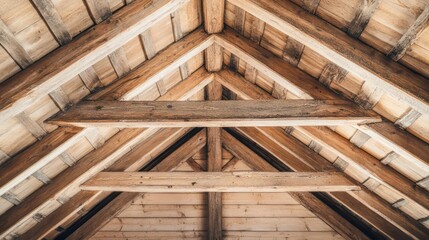 Exposed wooden beams in a rustic barn, agricultural building, rural landscape