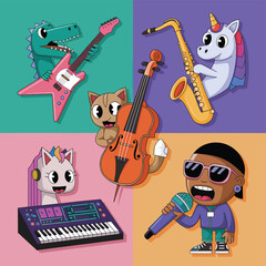 2d vector illustration icon cool entertainment cartoon character  music tools (Drum , Music Note , Headphones ,Microphone , Piano , Guitar ,Record) 
