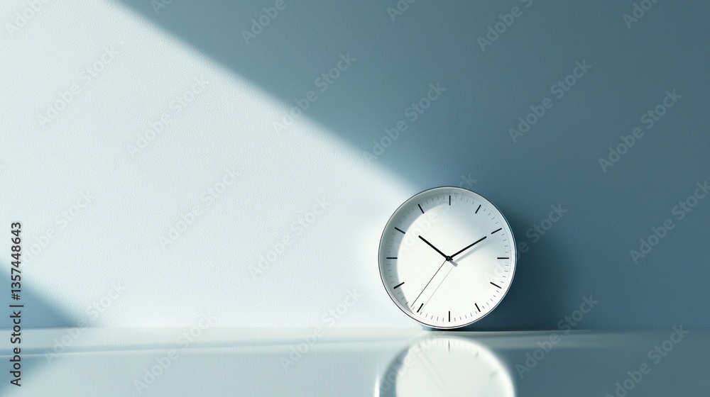 Poster minimalist time concept with wall clock on blue background showing shadow in tranquil scene