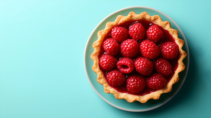Overhead View of Delicious Raspberry Tart on Teal Background